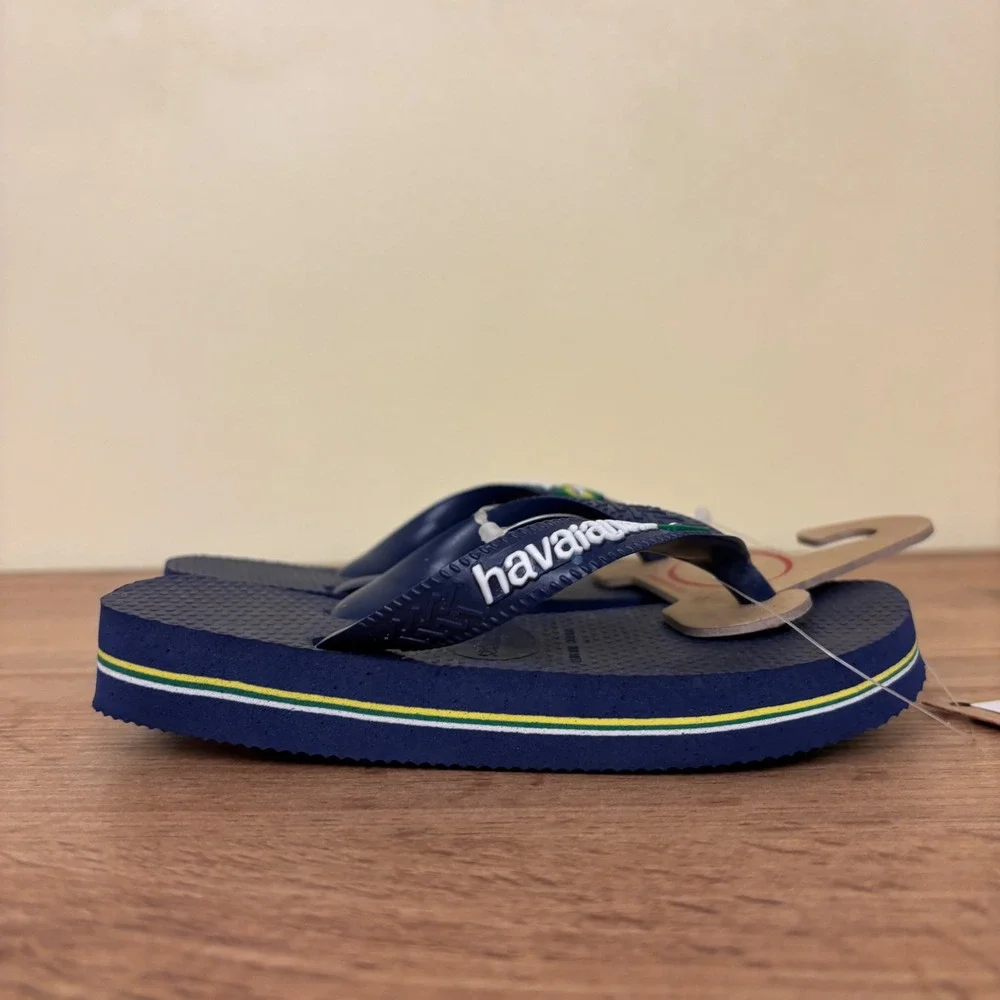 NEW HAVAIANAS Brazil Logo Flip Flops Navy Blue Kids Size 10C Summer Rubber